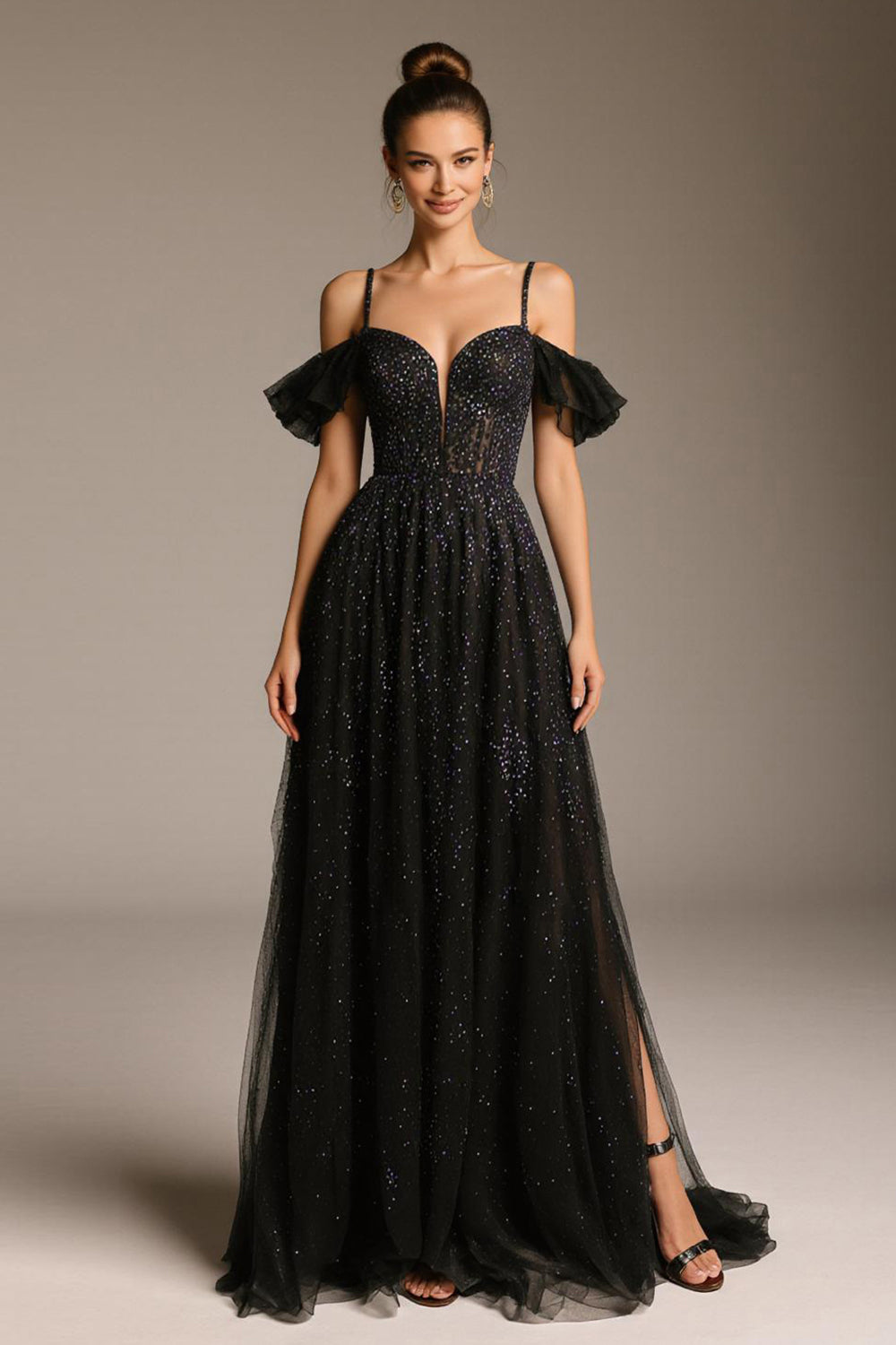Sparkly Black Cold Shoulder A-Line Tulle Pageant Dress
