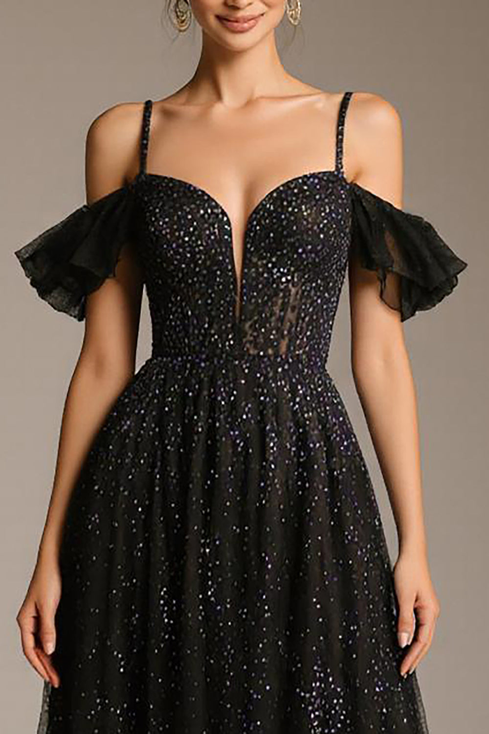 Sparkly Black Cold Shoulder A-Line Tulle Pageant Dress