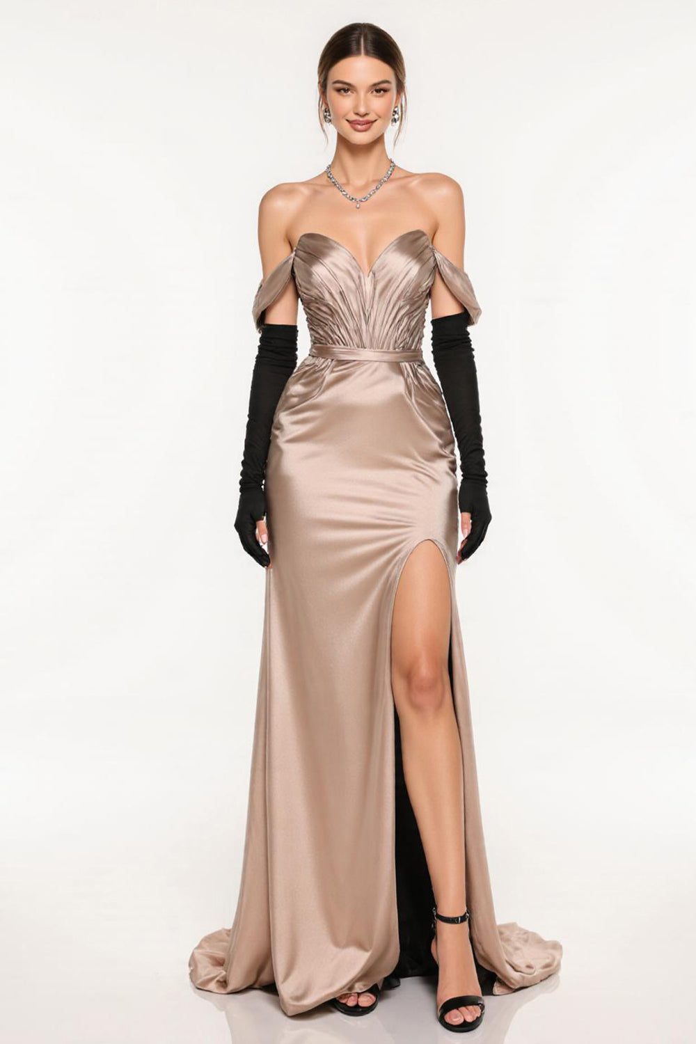 Champagne Sheath Satin Off The Shoulder Pageant Dress