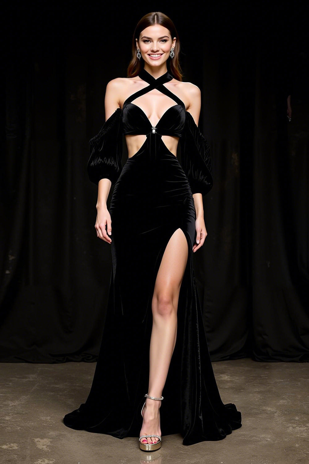 Black A-Line Halter Velvet Pageant Dress with Slit