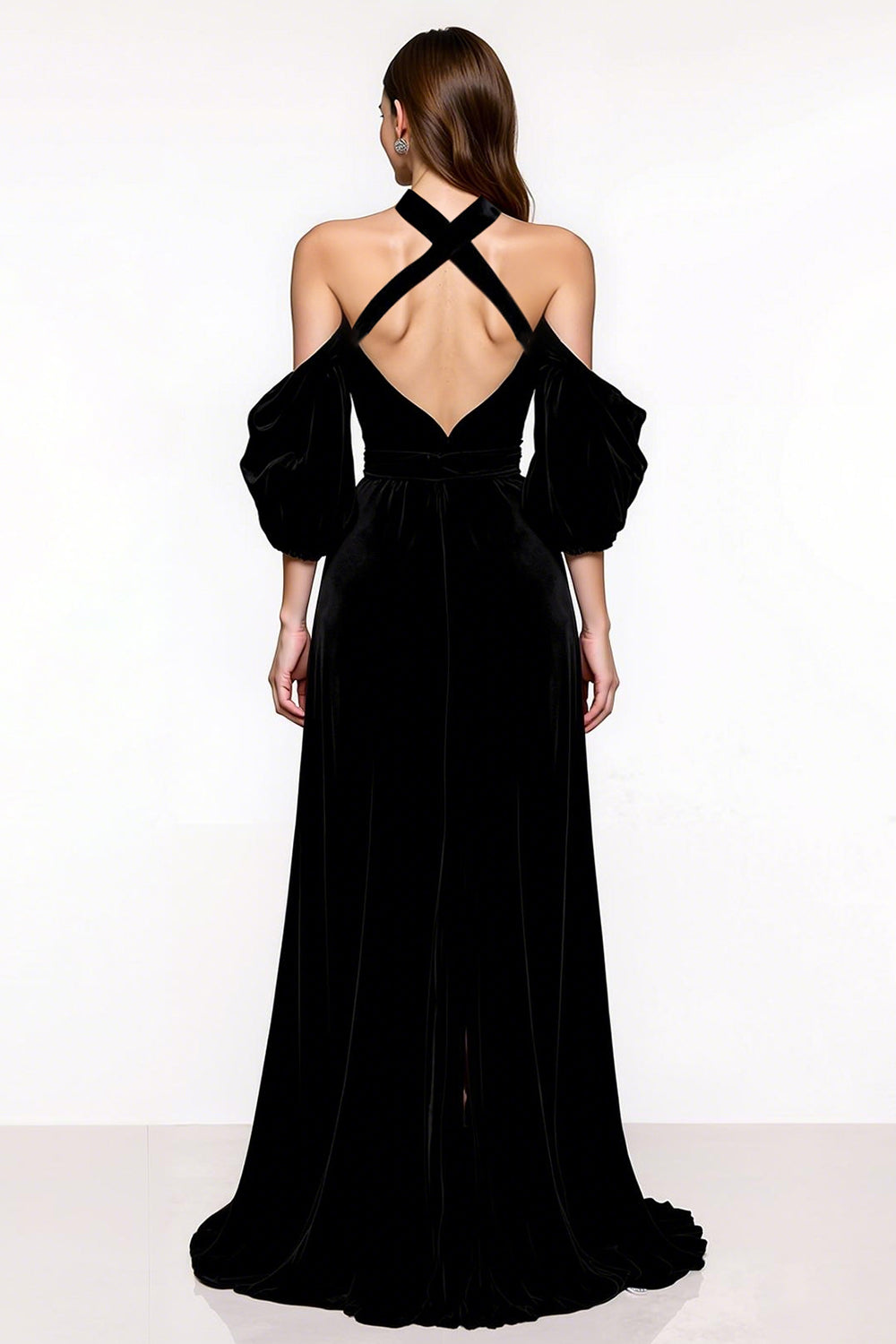 Black A-Line Halter Velvet Pageant Dress with Slit