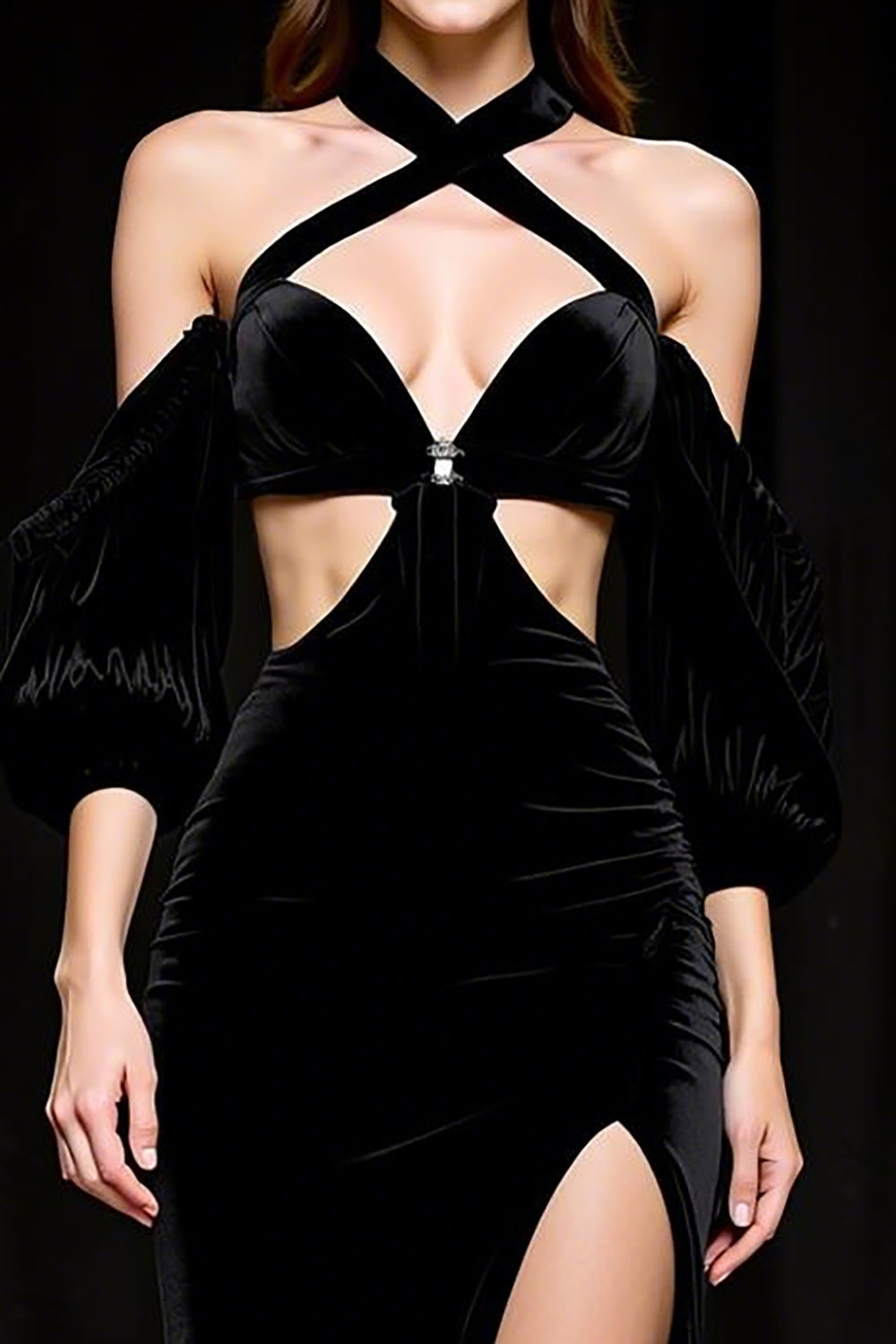 Black A-Line Halter Velvet Pageant Dress with Slit