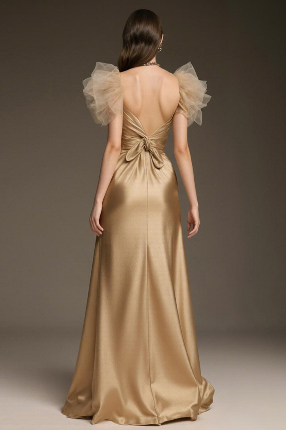 Sparkly Gold A-Line Satin Ruffled Long Pageant Dress