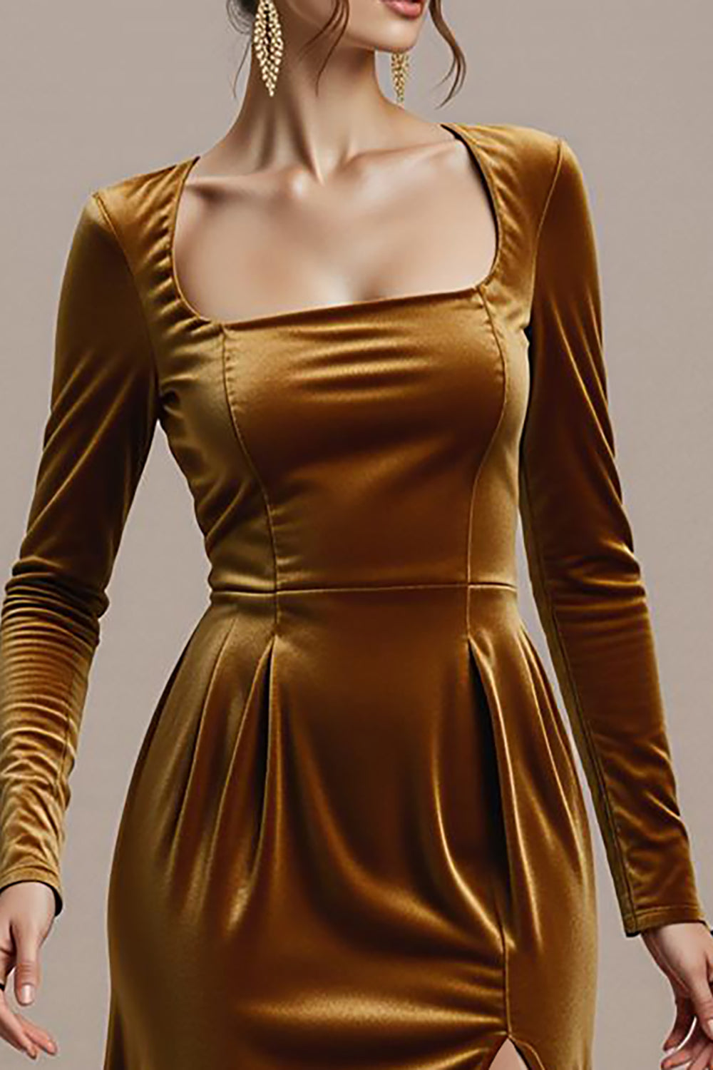 Robe longue de soirée noire fendue en velours Twilight Sheath avec décolleté carré