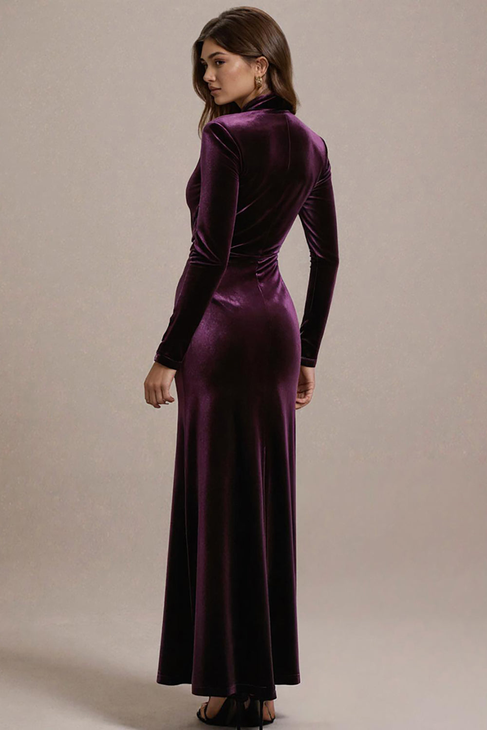 Robe fourreau prune à manches longues, fendue, pour soirée de gala