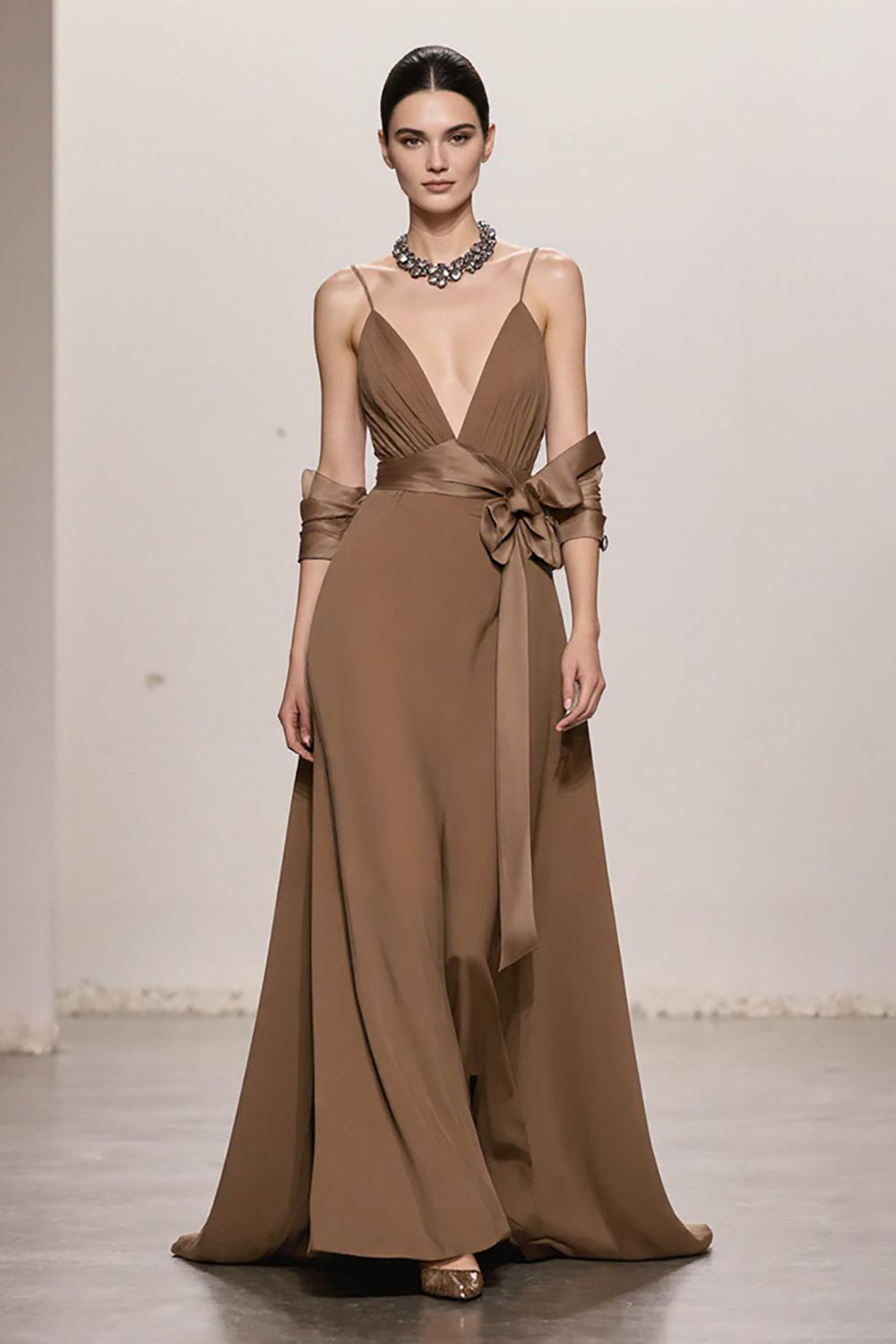 Terracotta A Line Spaghetti Straps Long Black Tie Dress with Bow