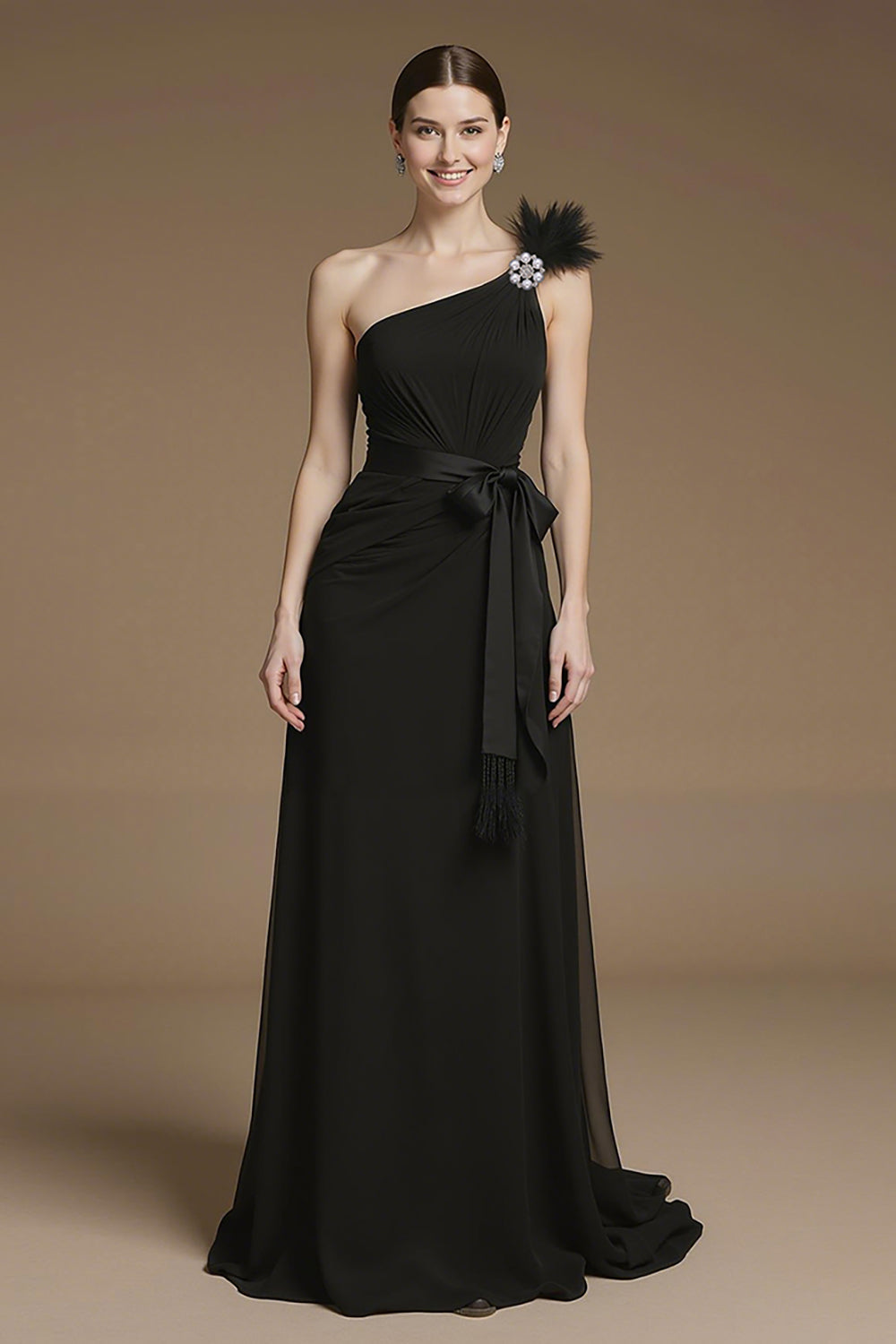 Black A-Line One-Shoulder Long Black Tie Dress with Feather