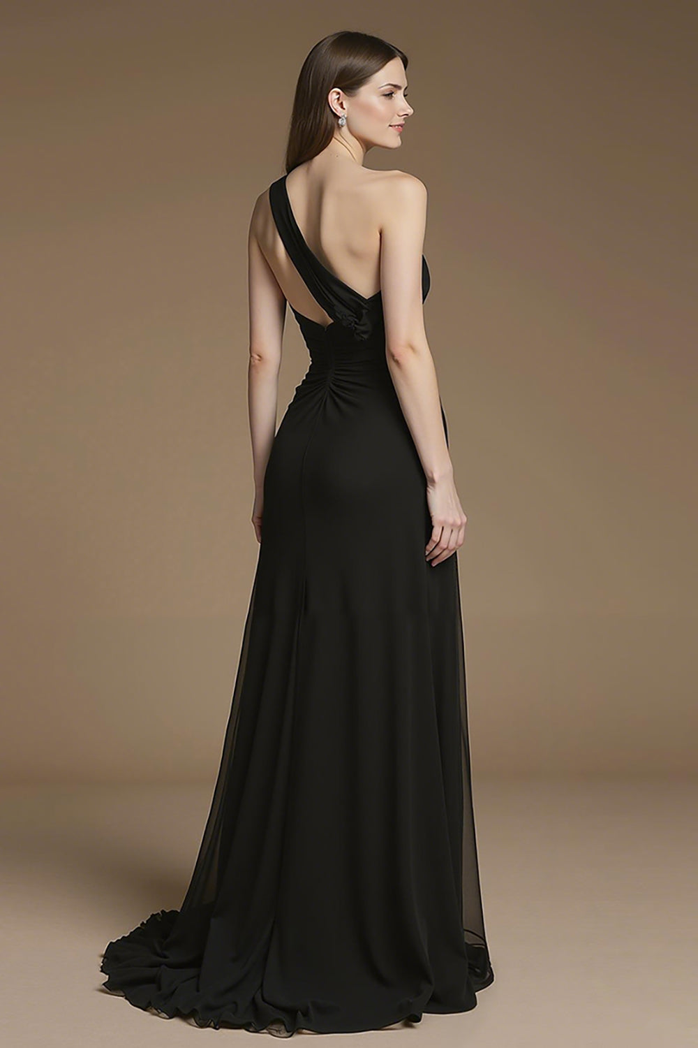 Black A-Line One-Shoulder Long Black Tie Dress with Feather