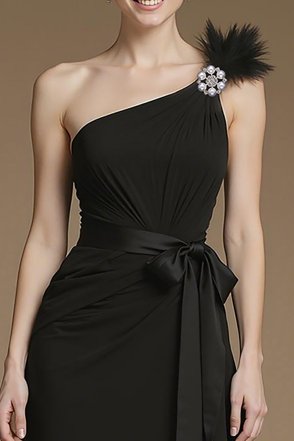 Black A-Line One-Shoulder Long Black Tie Dress with Feather