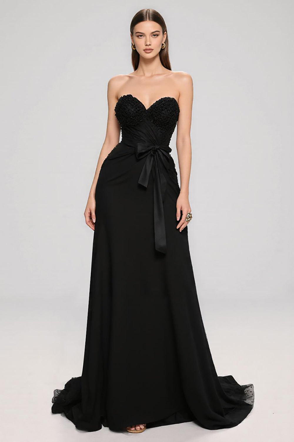 Robe longue de bal noire avec nœud, en cœur, coupe trapèze