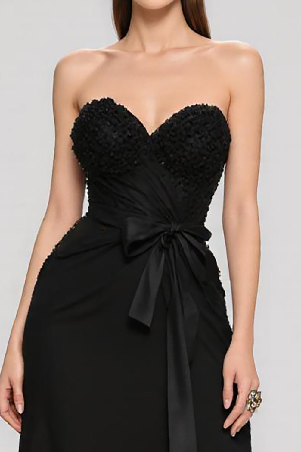 Robe longue de bal noire avec nœud, en cœur, coupe trapèze