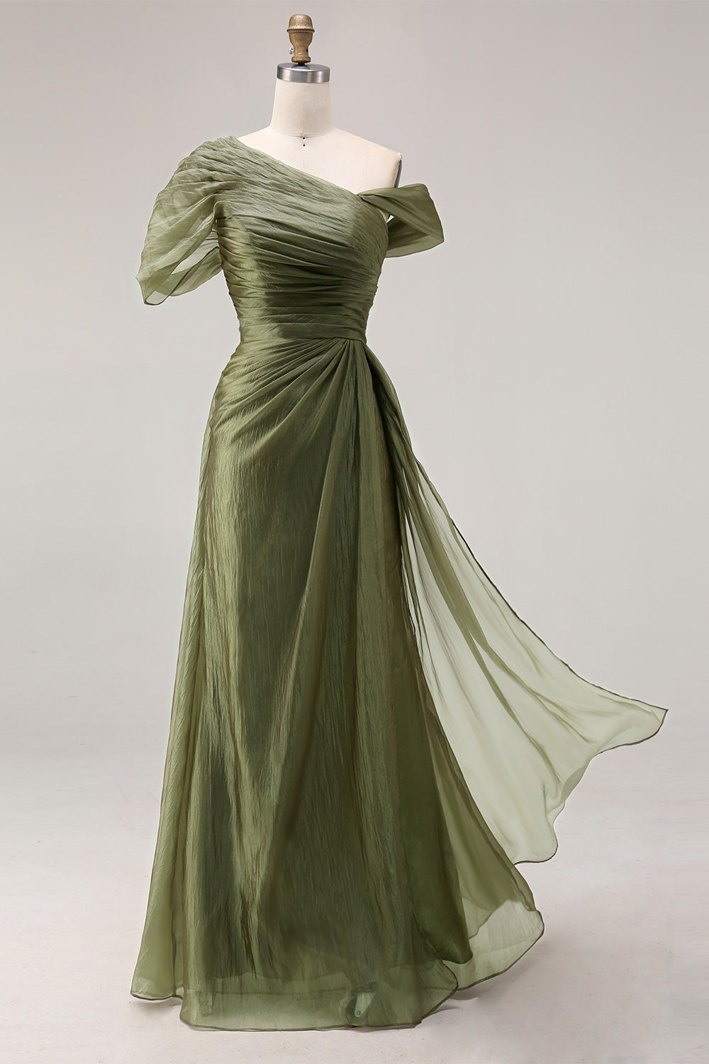 Robe de Soirée Plissée Longue Grande Taille A-ligne Épaule Unique Sauge Poussiéreuse
