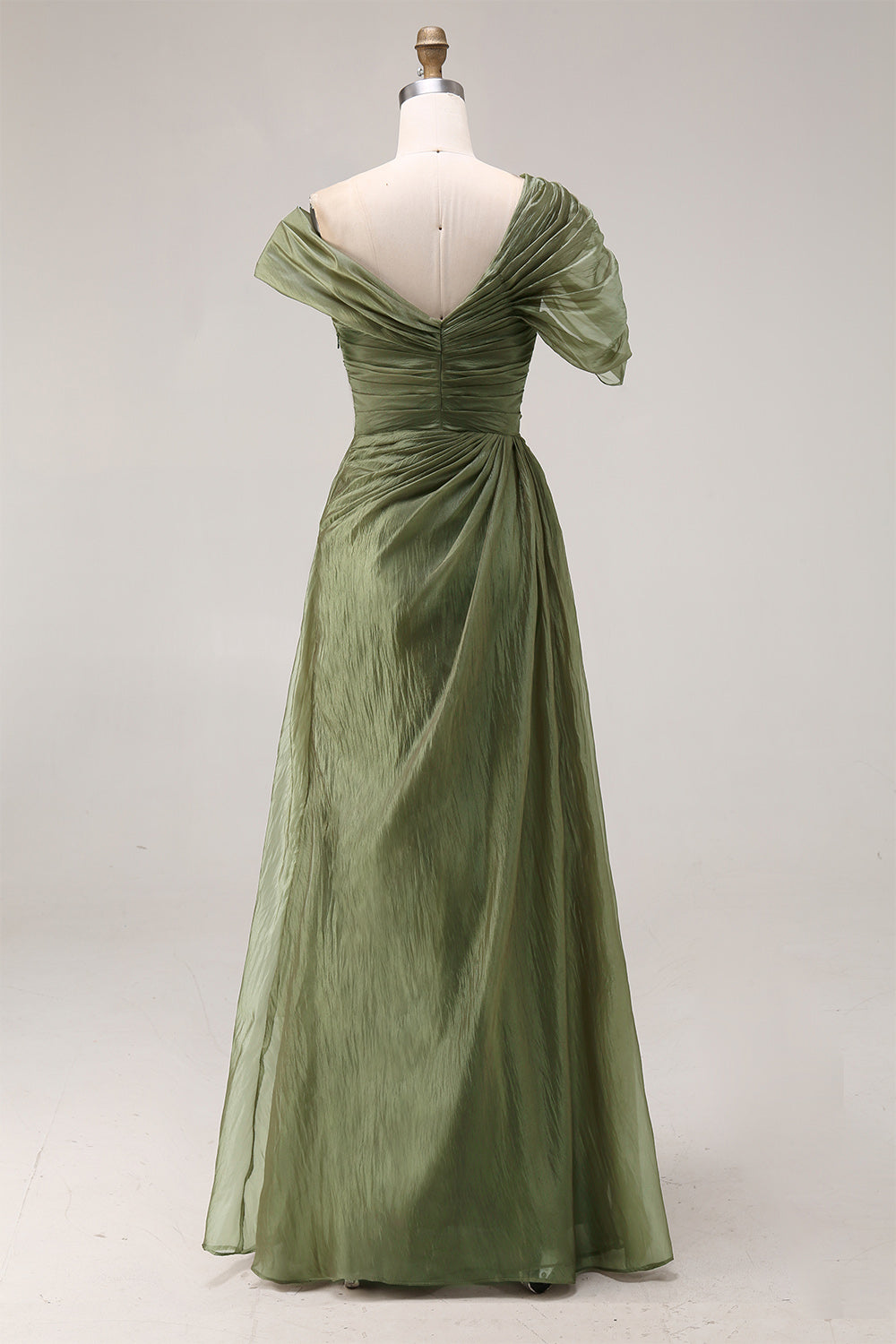 Robe de Soirée Plissée Longue Grande Taille A-ligne Épaule Unique Sauge Poussiéreuse