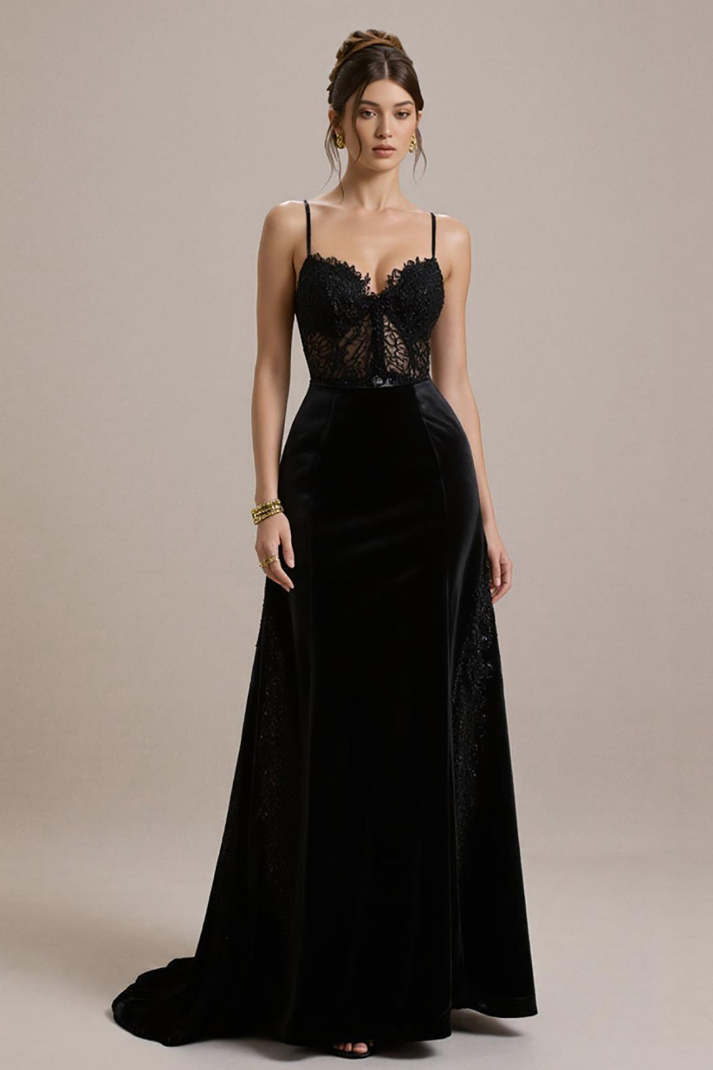 Black A Line Velvet Corset Long Black Tie Dress with Lace