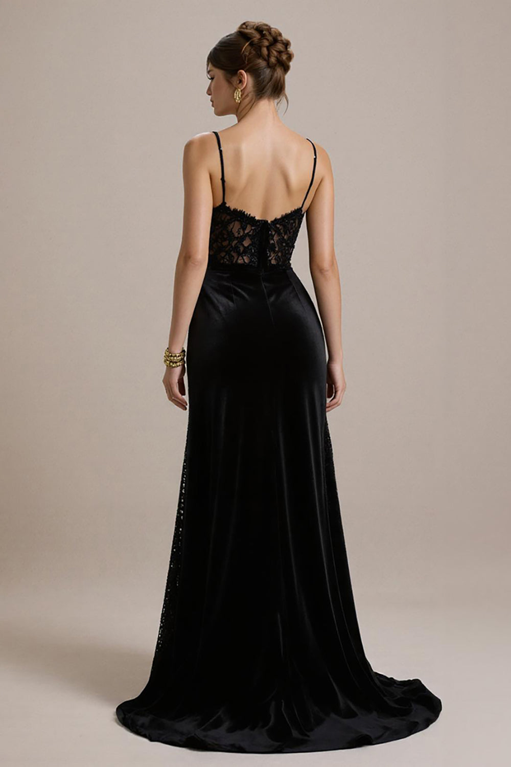Black A Line Velvet Corset Long Black Tie Dress with Lace
