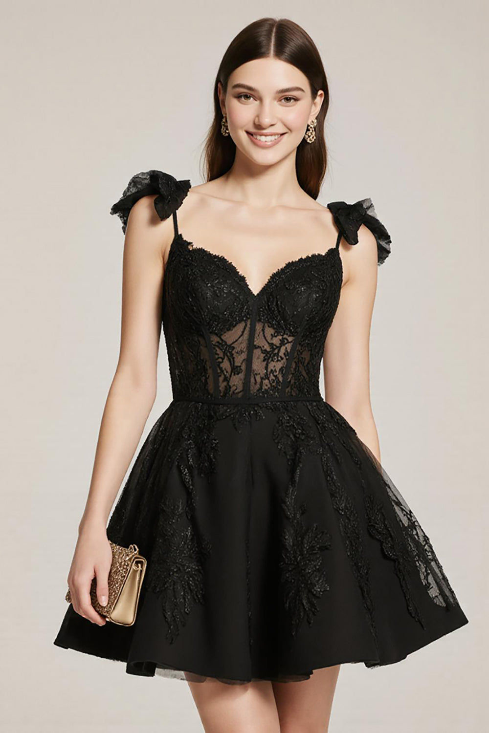 Black Lace A Line Corset Short Cocktail Dress with Bow