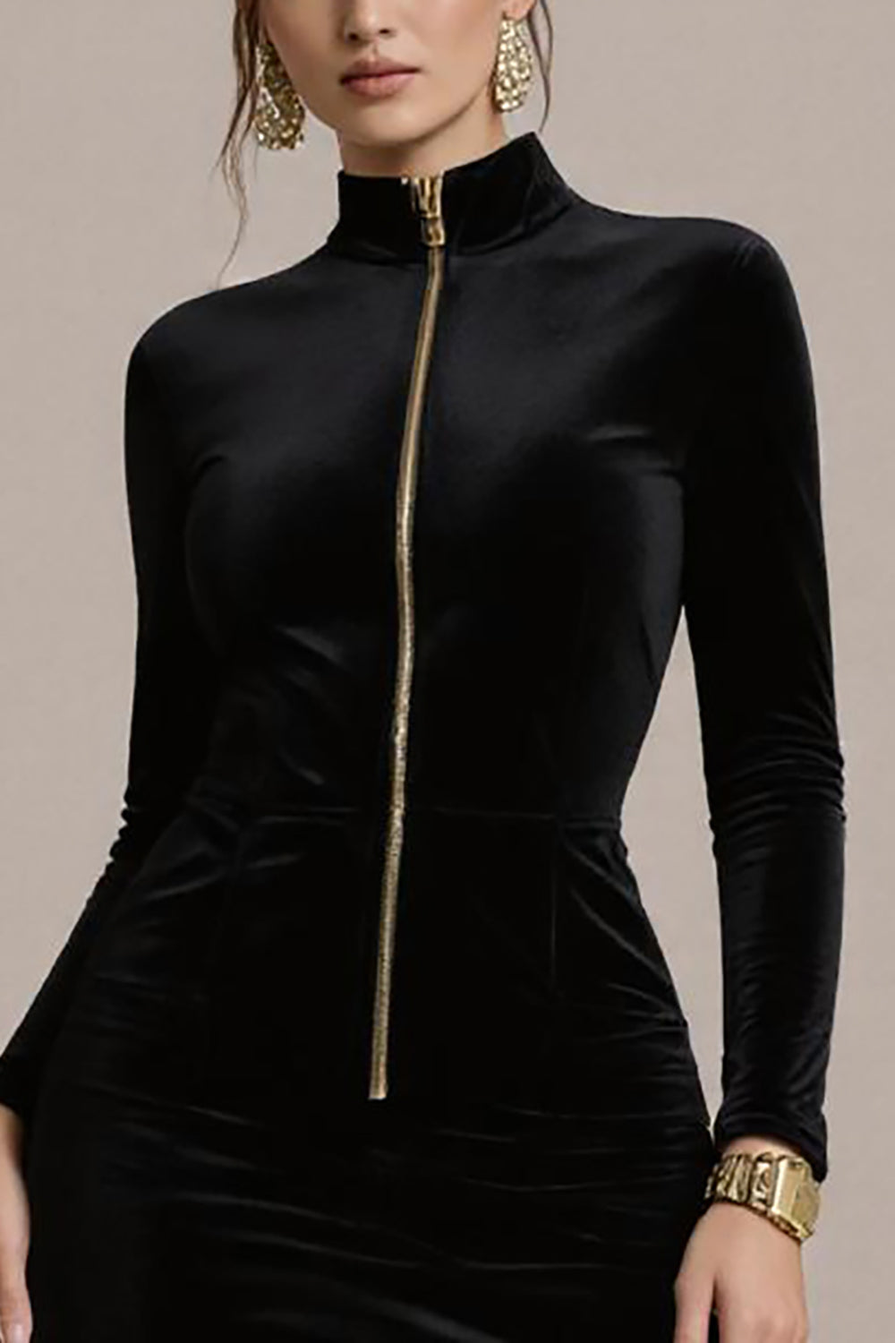 Black Velvet High Neck Bodycon Short Cocktail Dress with Sleeves
