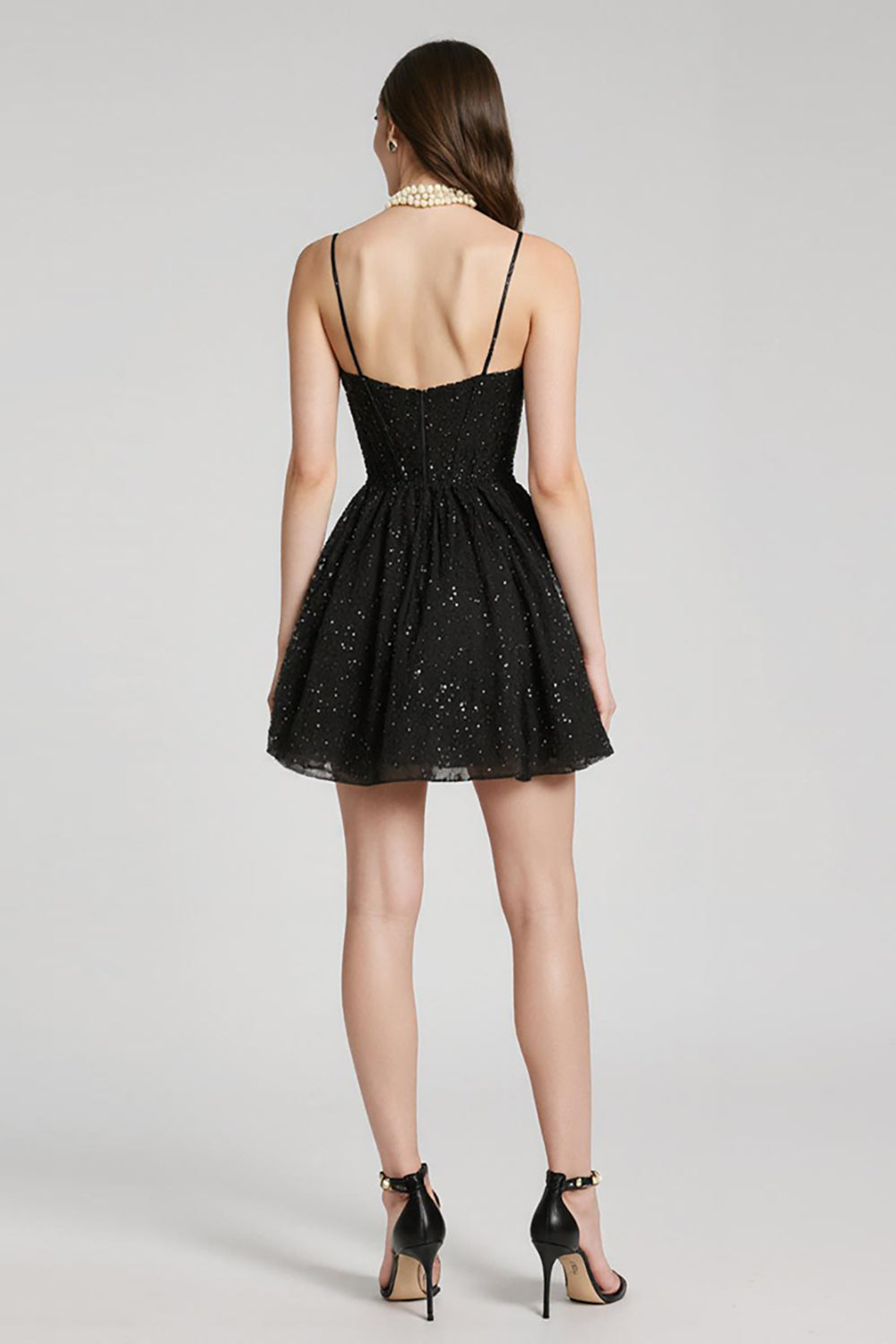 Sparkly Black Sequin Sweetheart A-Line Short Cocktail Dress