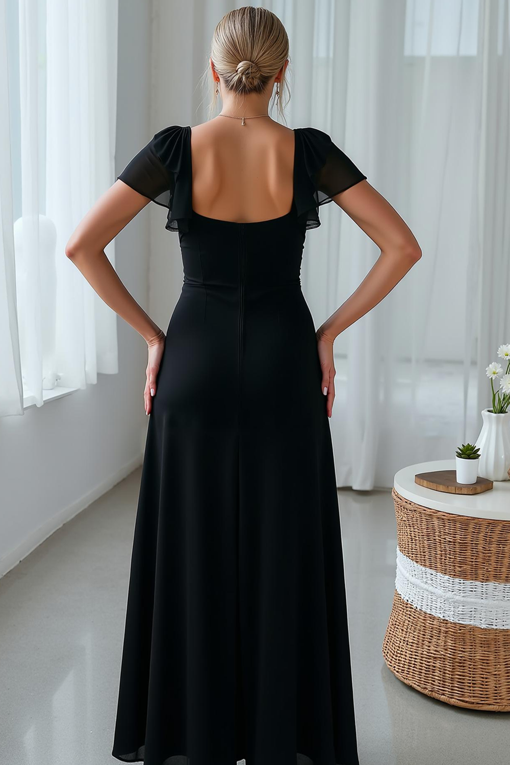 Robe de demoiselle d'honneur trapèze noire à manches courtes avec fente