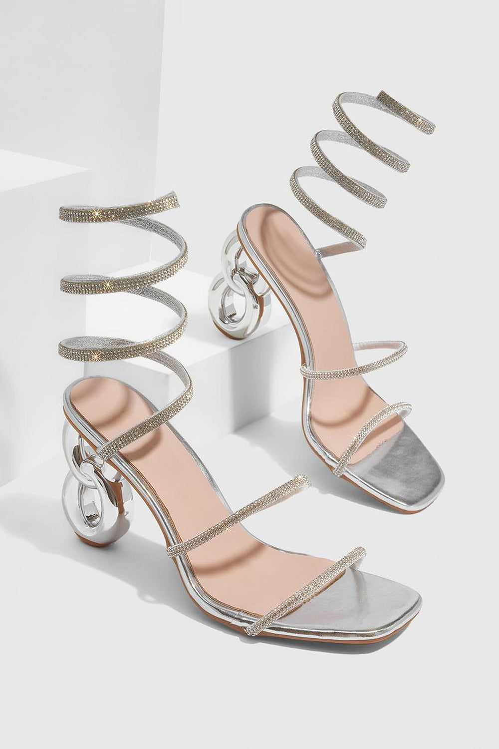 Sparkly Silver Beaded Strappy Stiletto High Heel Sandals