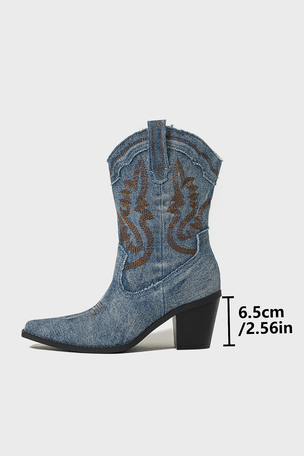 Bottes de cow-girl bleu foncé à talon épais et bout pointu, brodées, à mollet large