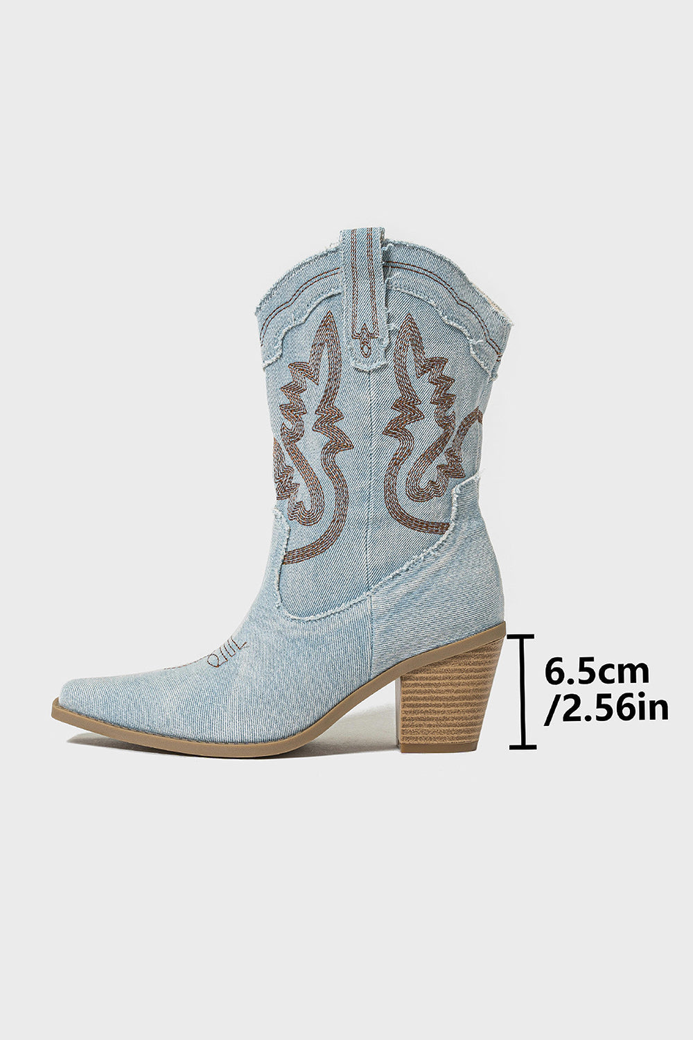 Bottes de cow-girl bleu foncé à talon épais et bout pointu, brodées, à mollet large