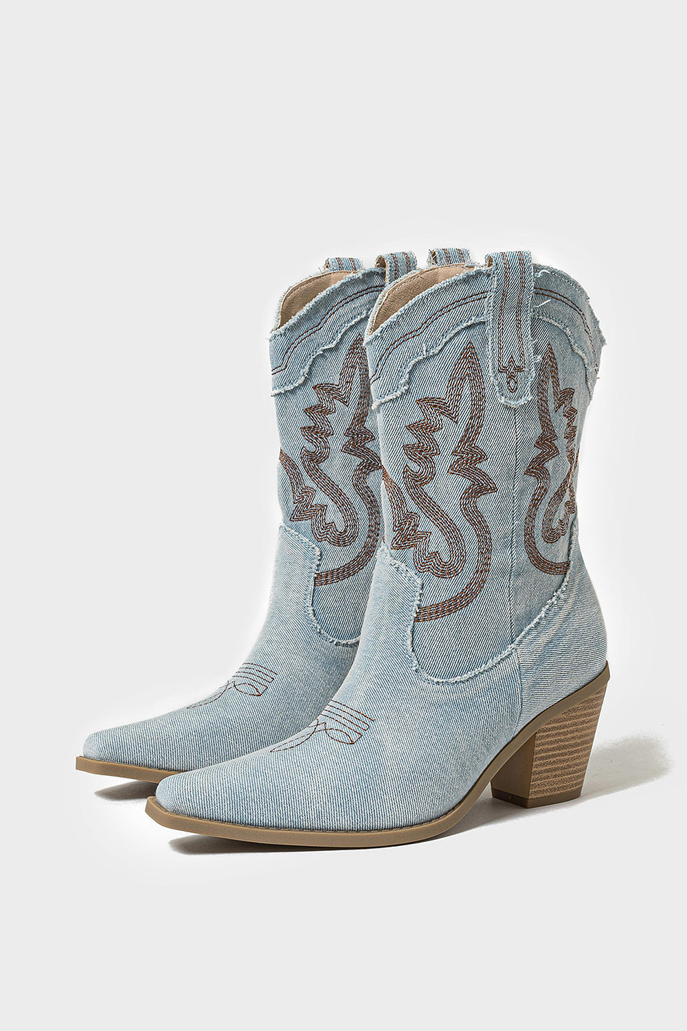Bottes de cow-girl bleu foncé à talon épais et bout pointu, brodées, à mollet large