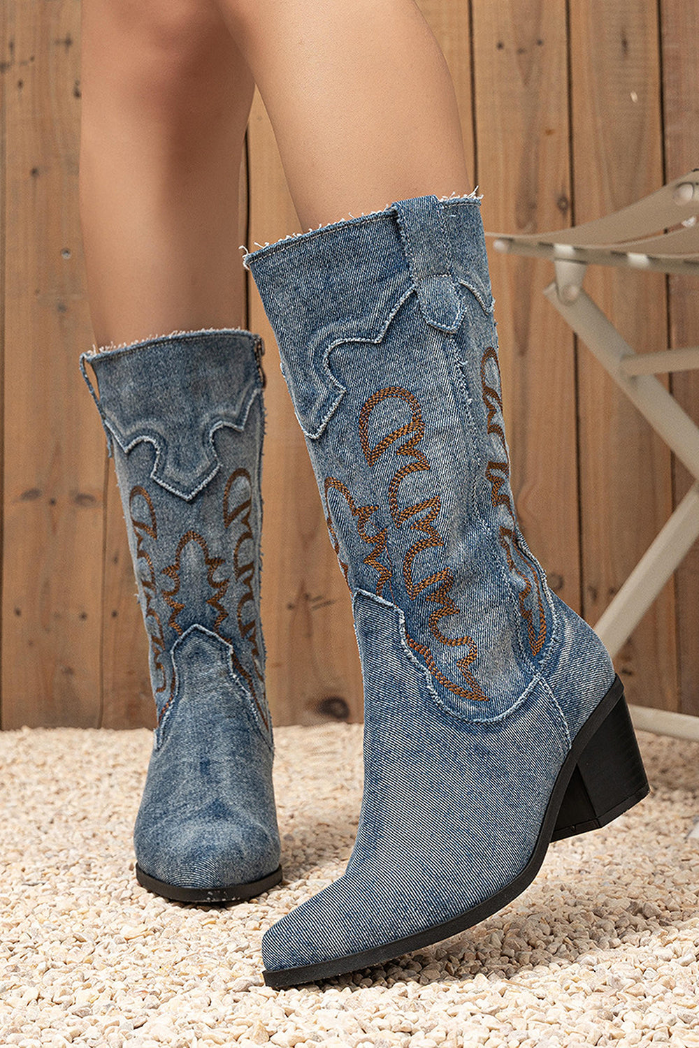 Dark Blue Pointed Toe Mid Calf Chunky Heel Embroidered Cowgirl Boots