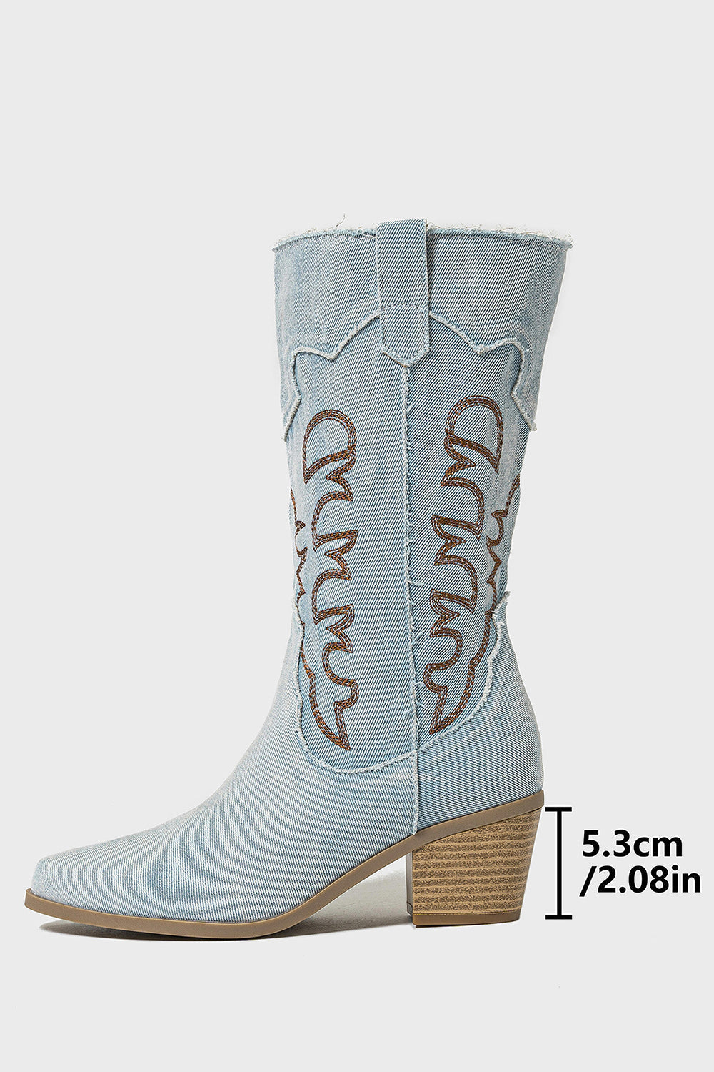 Dark Blue Pointed Toe Mid Calf Chunky Heel Embroidered Cowgirl Boots