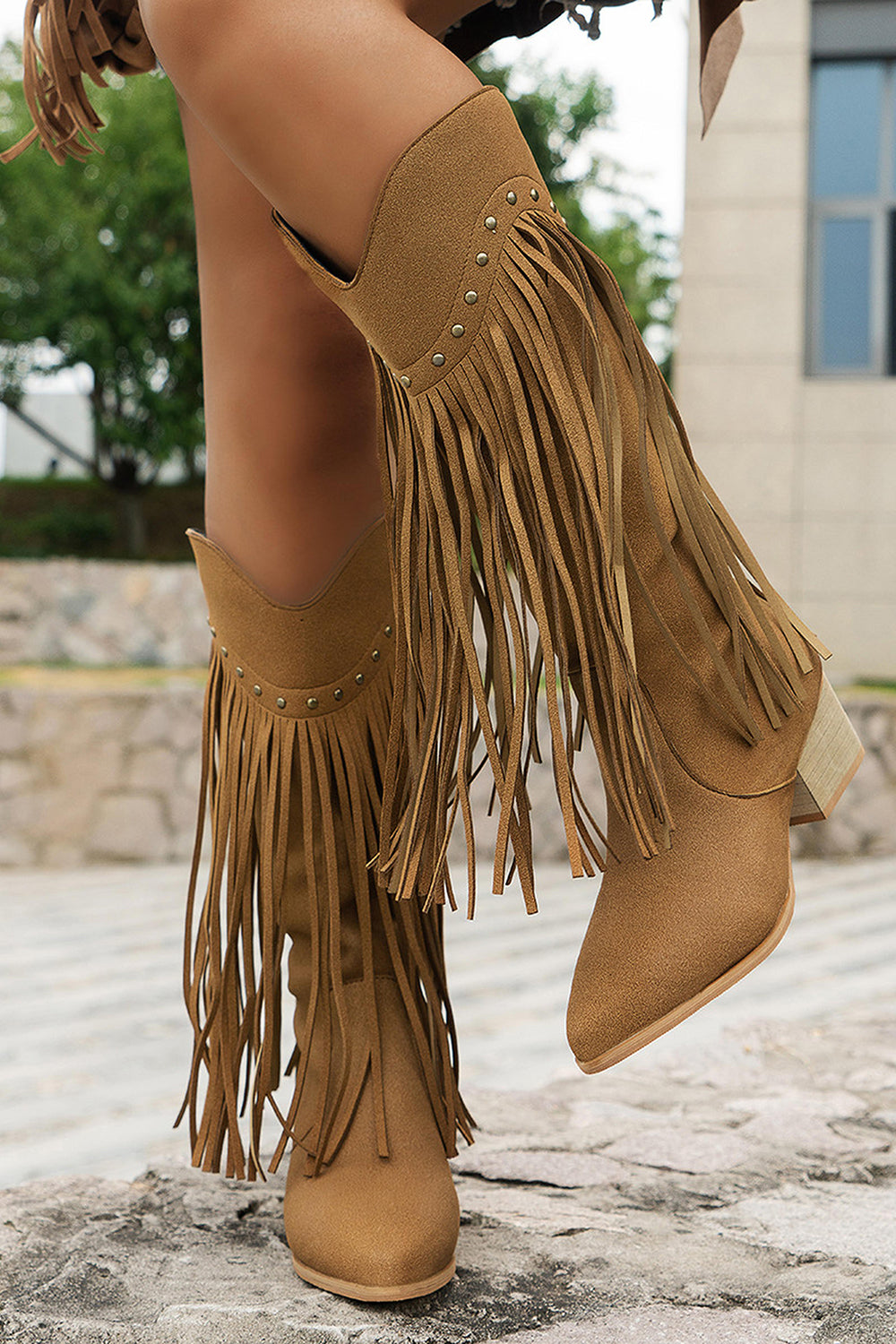 Brown Leopard Wide Calf Chunky Heel Cowgirl Boots with Fringes