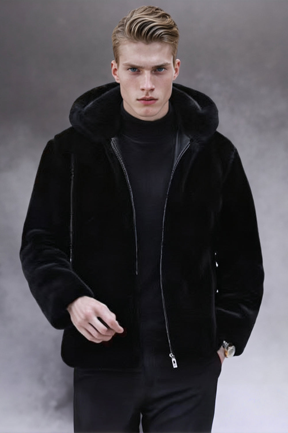 Black Faux Fur Hooded Zip-Up Long Sleeve Men's Winter Coat