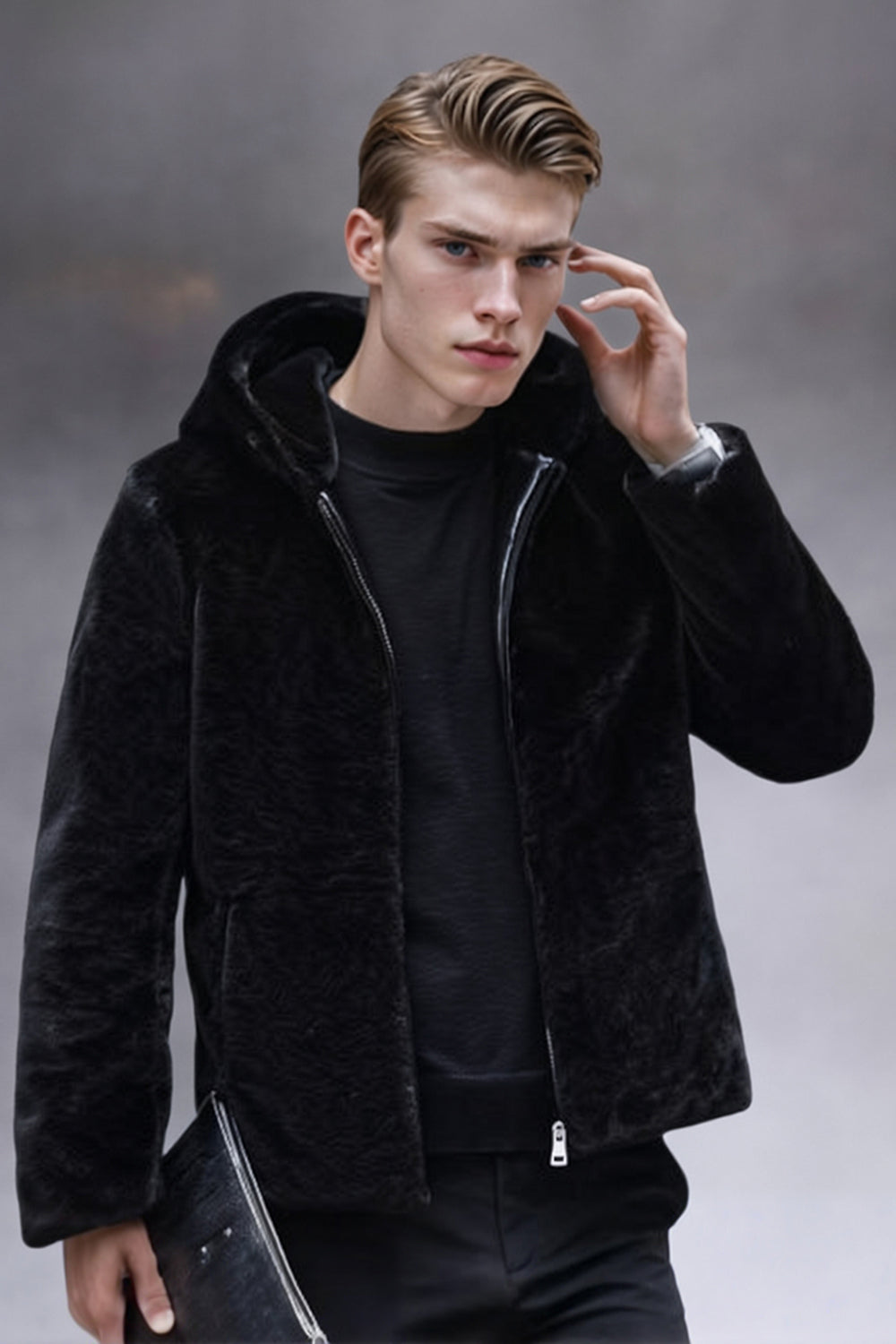 Black Faux Fur Hooded Zip-Up Long Sleeve Men's Winter Coat