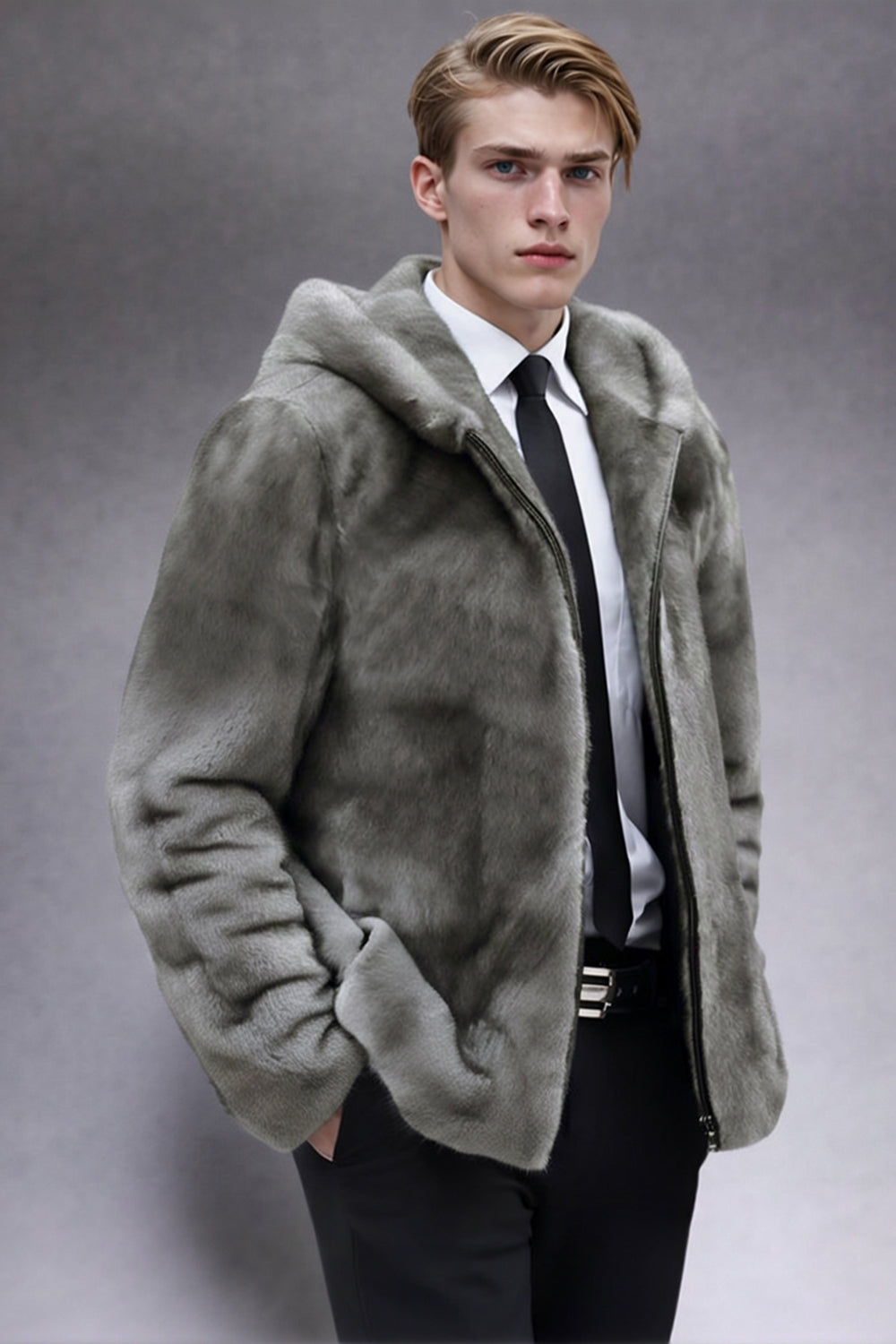 Manteau d'hiver gris pour homme à capuche en fausse fourrure avec fermeture éclair
