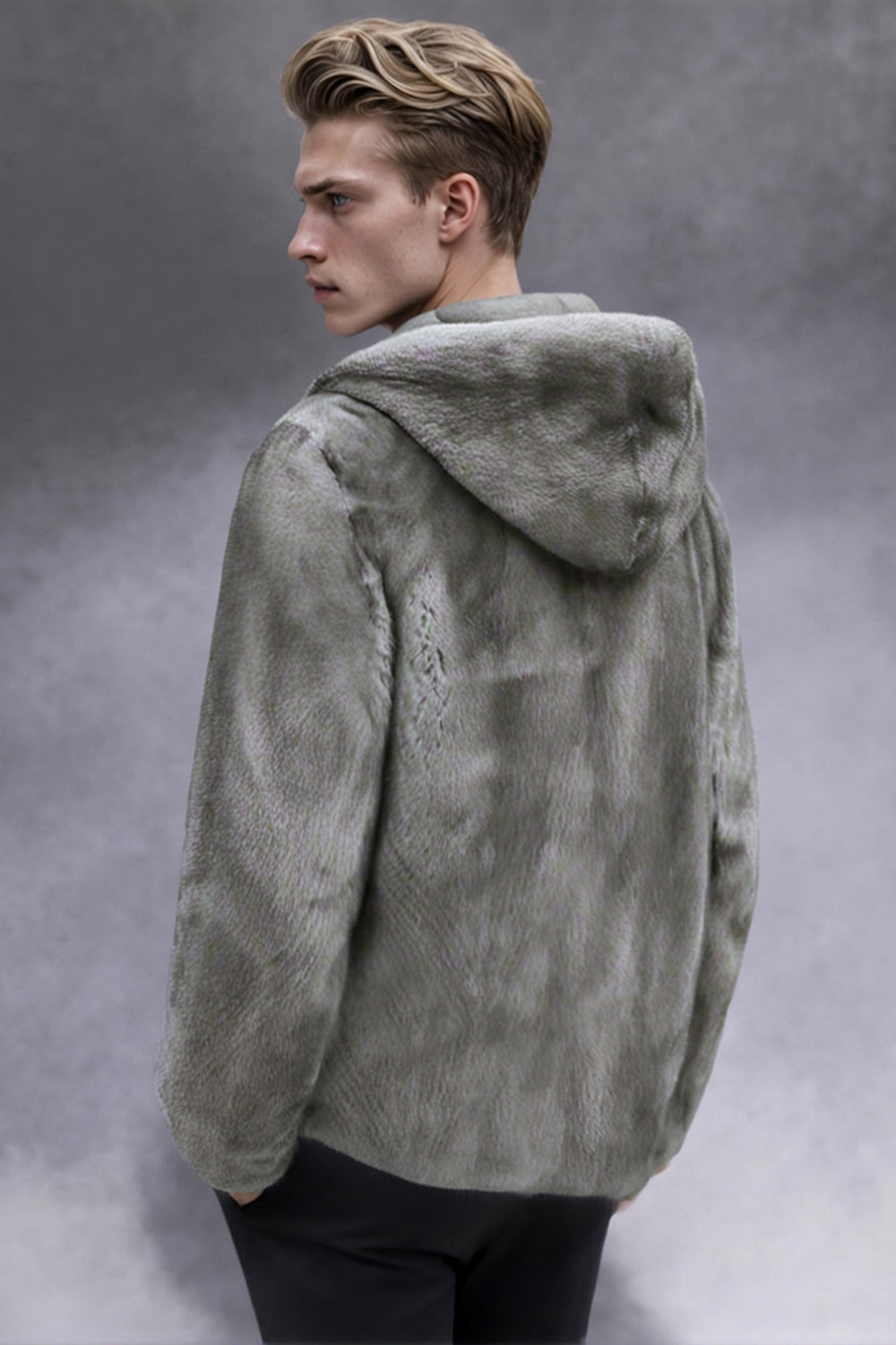 Manteau d'hiver gris pour homme à capuche en fausse fourrure avec fermeture éclair