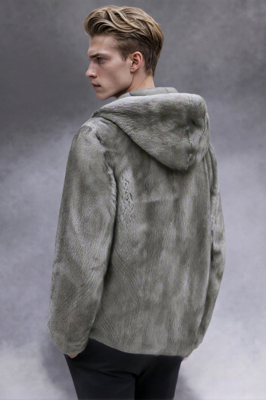 Manteau d'hiver gris pour homme à capuche en fausse fourrure avec fermeture éclair