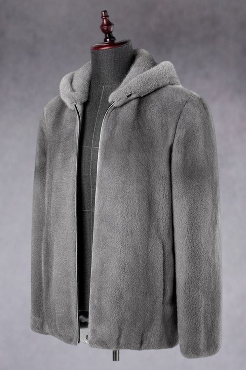 Manteau d'hiver gris pour homme à capuche en fausse fourrure avec fermeture éclair