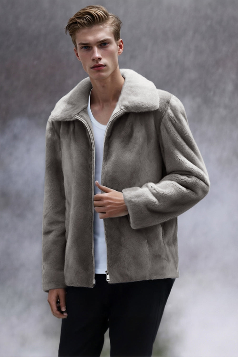 Manteau d'hiver gris pour homme à capuche en fausse fourrure avec fermeture éclair