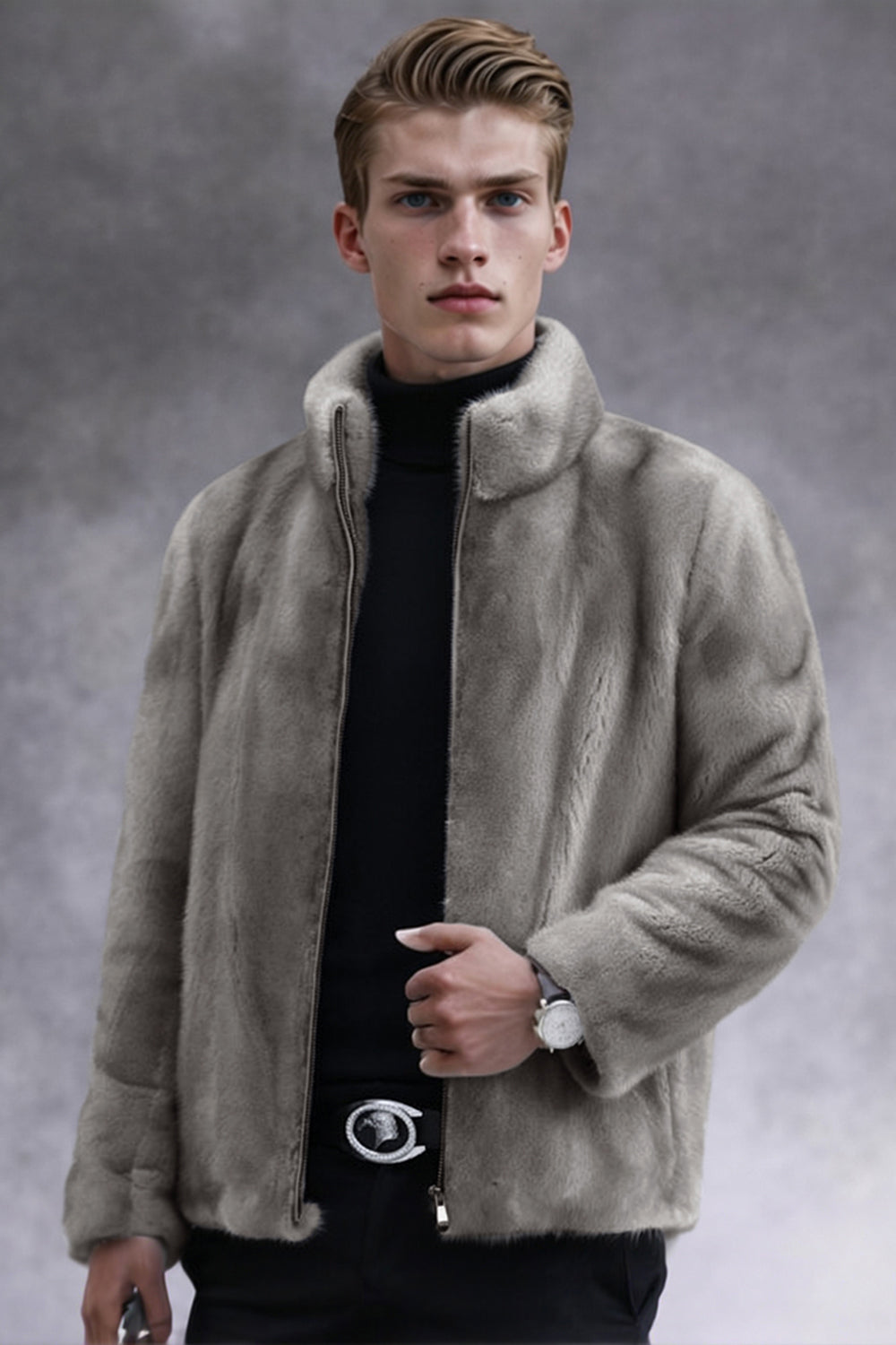 Manteau d'hiver gris pour homme à capuche en fausse fourrure avec fermeture éclair