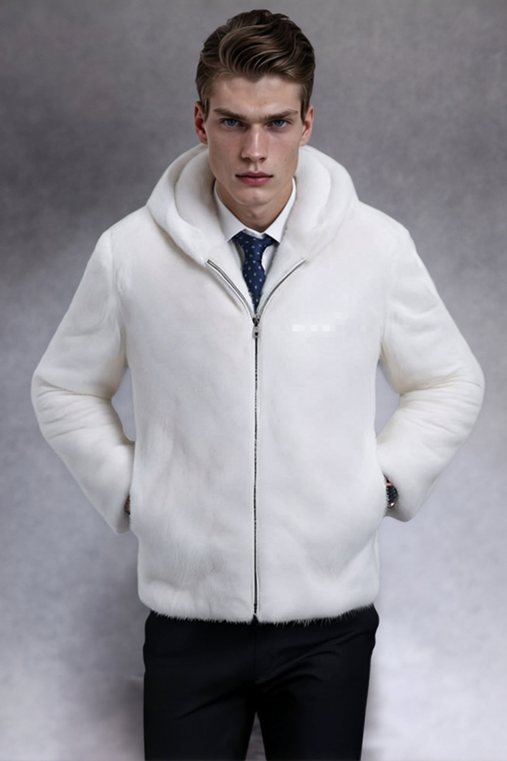 White Thick Hooded Faux Fur Men's Coat