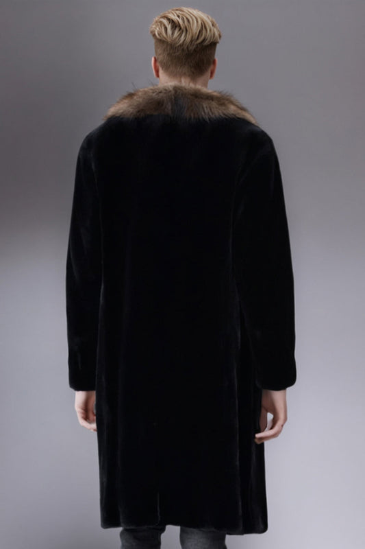 Manteau long d'hiver noir épais en fausse fourrure pour homme