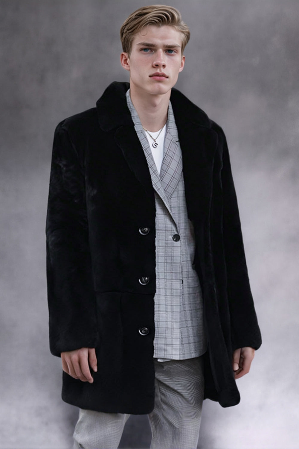 Black and White Shawl Lapel Faux Fur Leopard Men's Coat