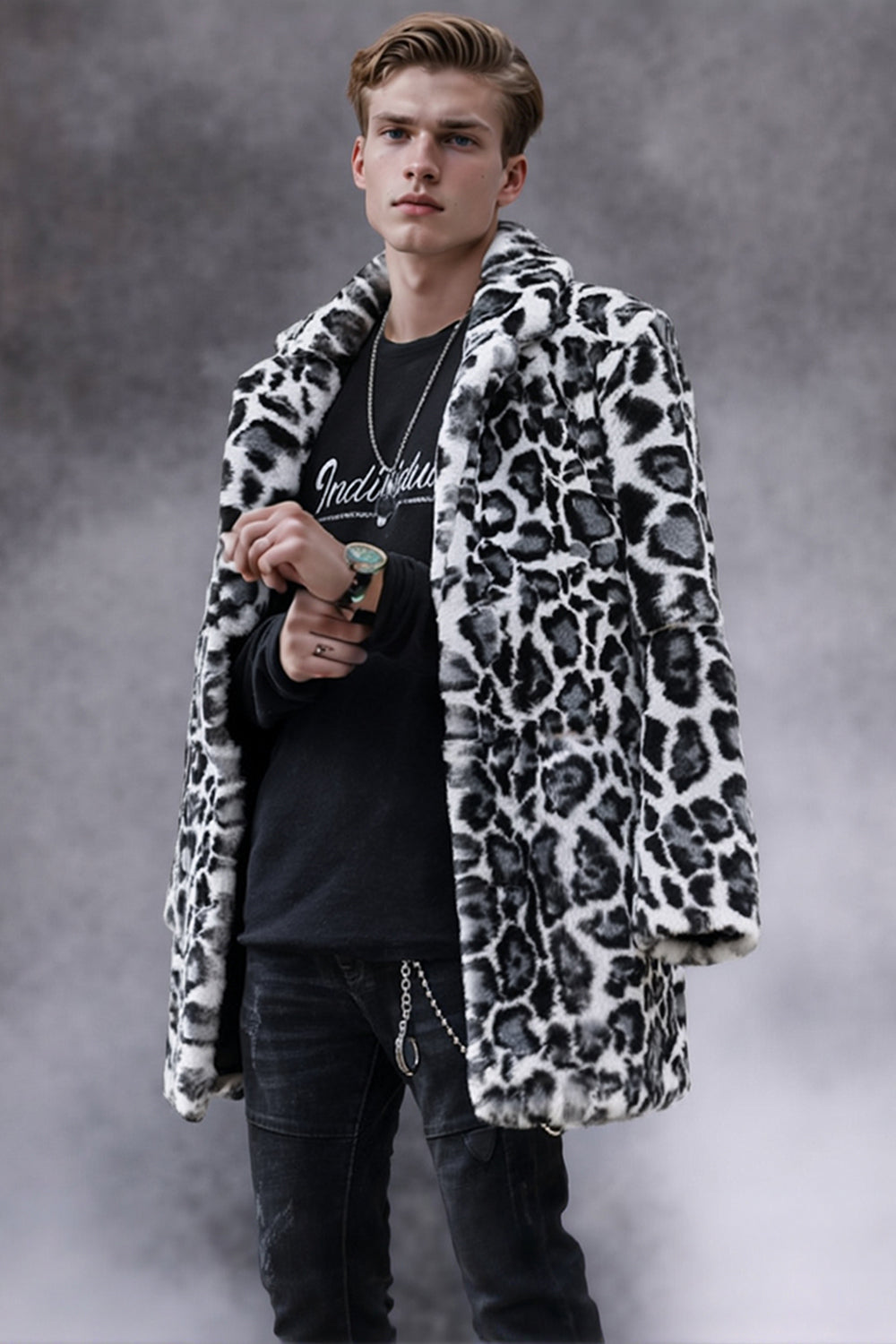 Black and White Shawl Lapel Faux Fur Leopard Men's Coat