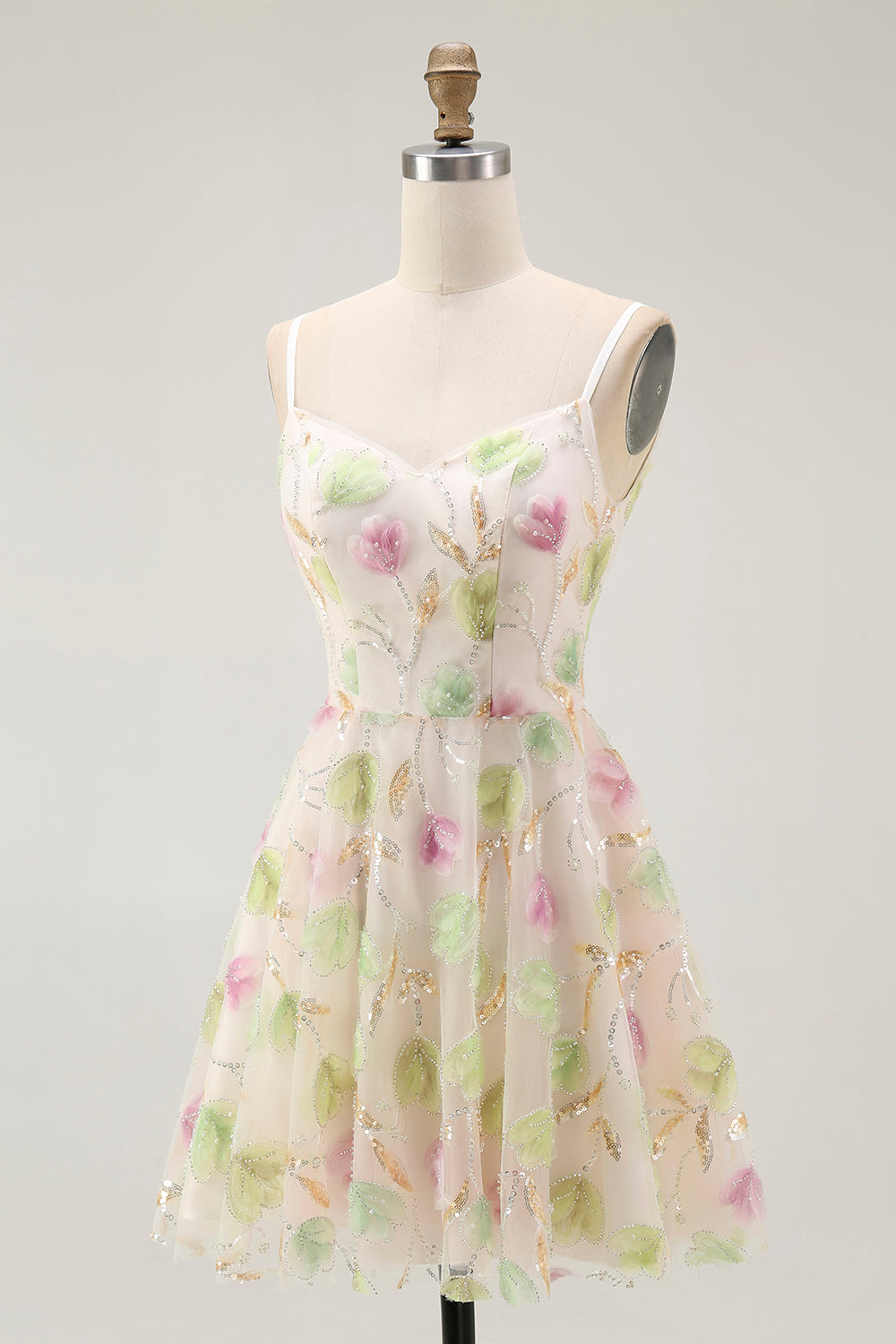 Apricot Floral Sequin A Line Mini Party Dress