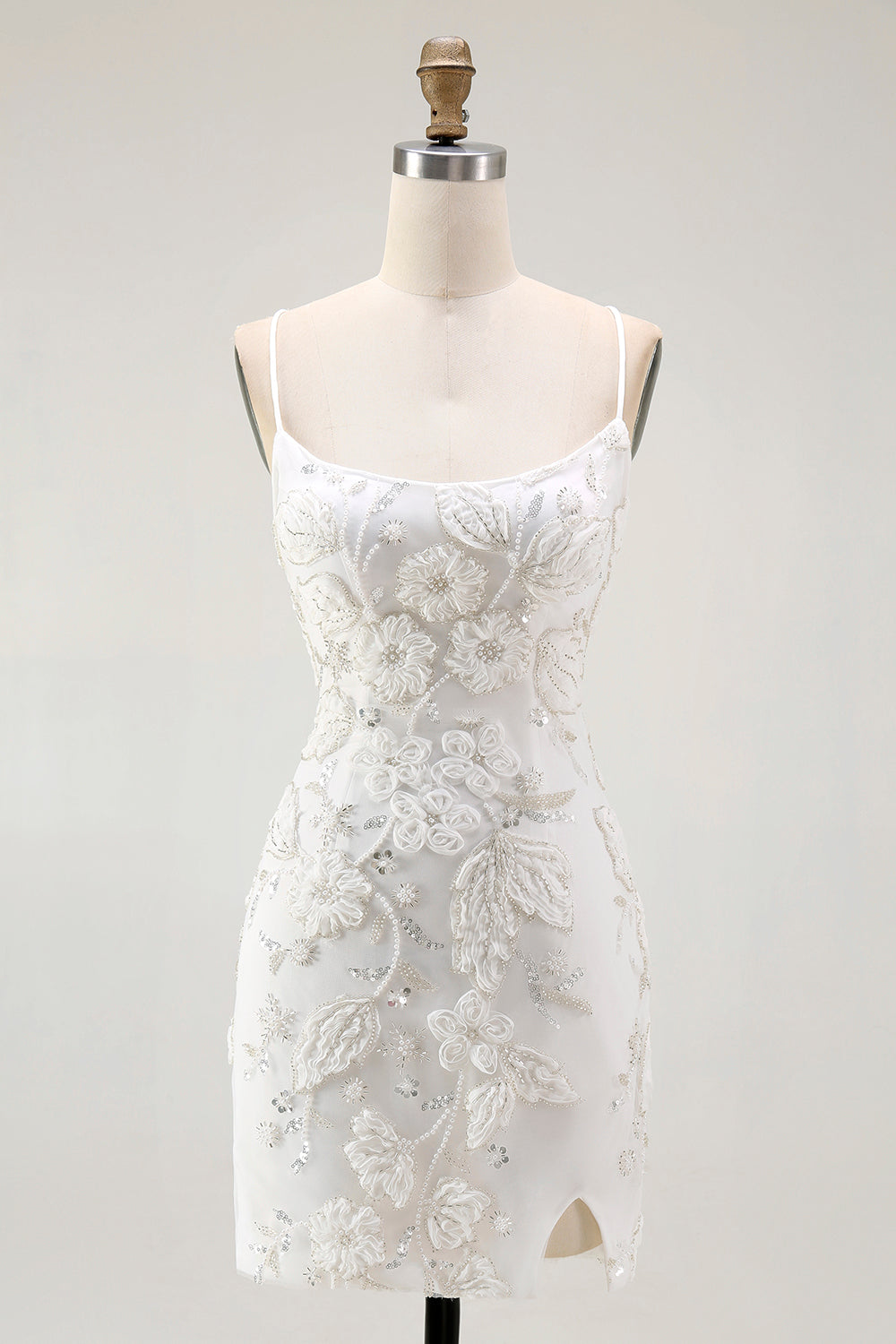 White Bodycon Spaghetti Strap Appliqued Cocktail Dress with Slit