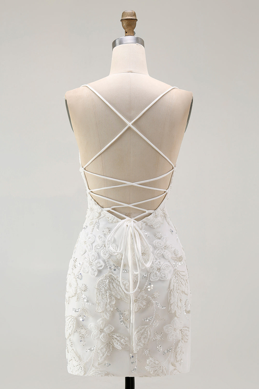 White Bodycon Spaghetti Strap Appliqued Cocktail Dress with Slit
