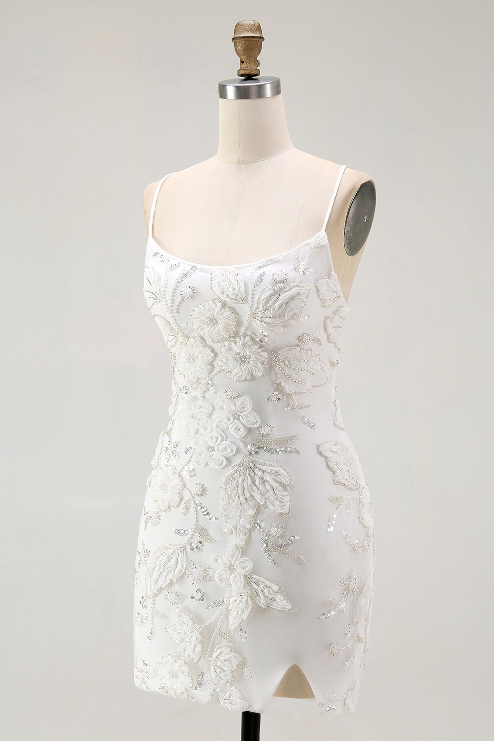 White Bodycon Spaghetti Strap Appliqued Cocktail Dress with Slit