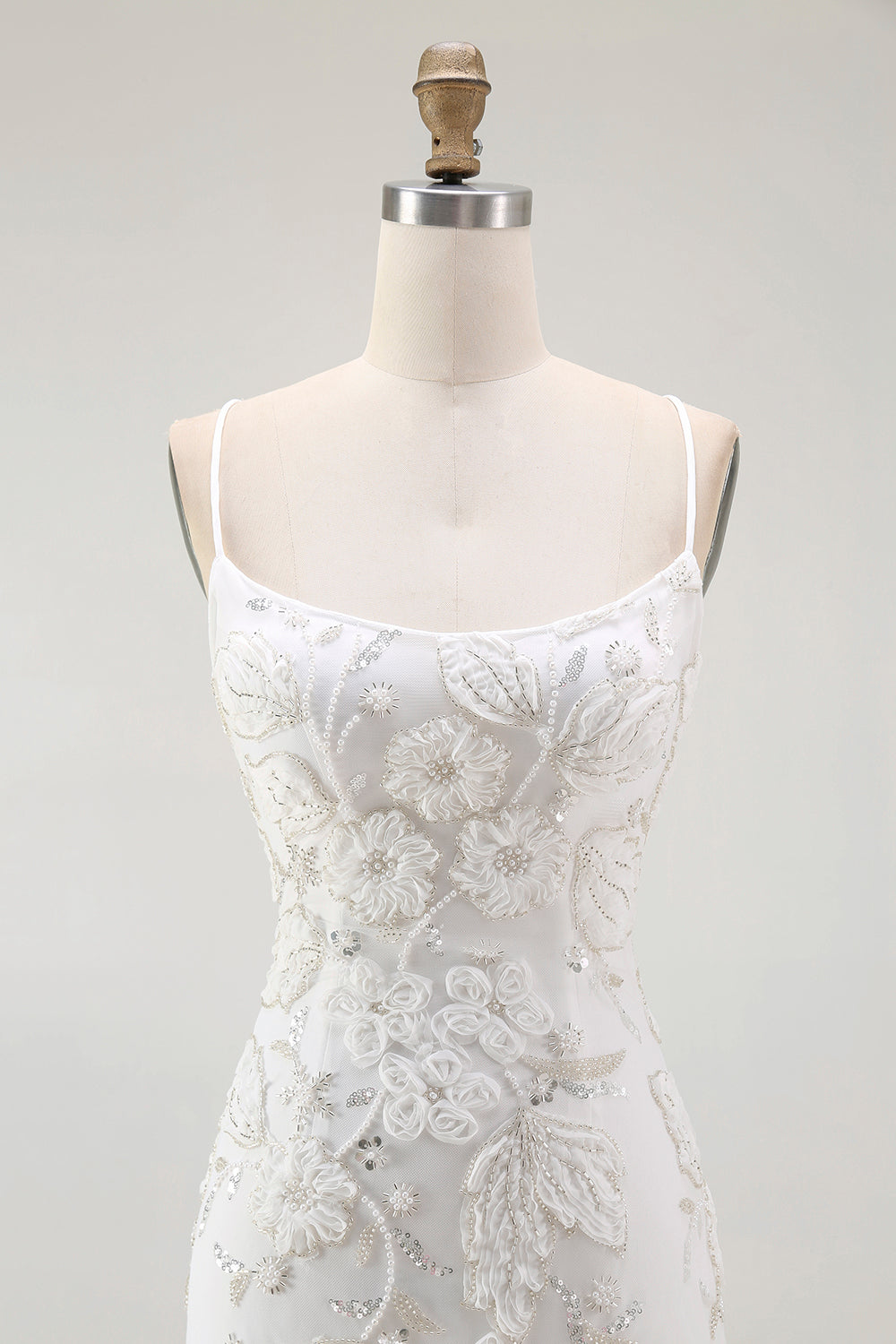 White Bodycon Spaghetti Strap Appliqued Cocktail Dress with Slit