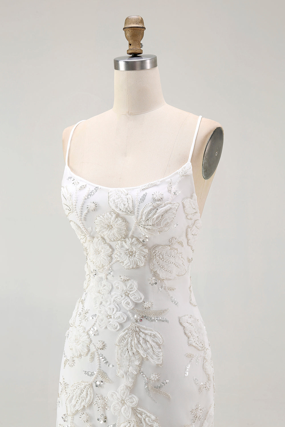 White Bodycon Spaghetti Strap Appliqued Cocktail Dress with Slit