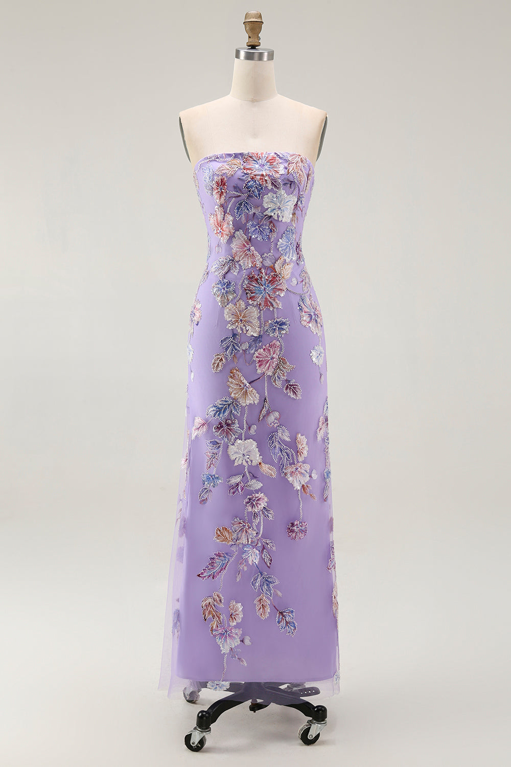 Vestido de Fiesta Morado sin Tirantes Estilo Tubo con Flores y Cuentas