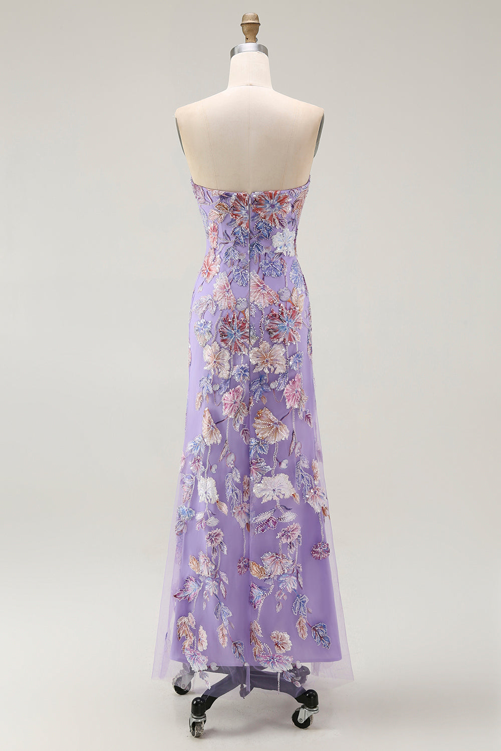 Vestido de Fiesta Morado sin Tirantes Estilo Tubo con Flores y Cuentas